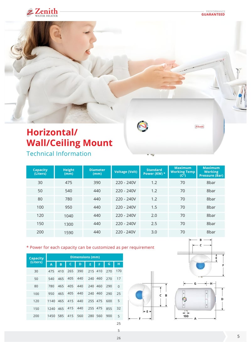 زينث Zenith Electric Water Heater – 100L – Horizontal – Fast Heating – Energy Saving – UAE Standard - Image 2